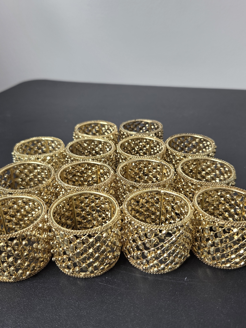 Set of 14 Gold-Tone Filigree Round Napkin Rings